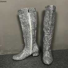 Olomm New Fashion Women Knee High Glitter Boots Square Low Heels Boots Round Toe Silver Club Wear Shoes Women Plus US Size 5-15