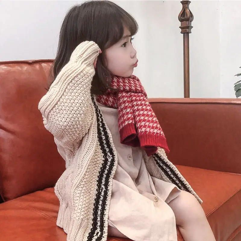 Korean Knit Plaid Patchwork Soft Warm Autumn Winter Thicken Kids Children Boys Girls Shawls Wraps Scarves Wool Knitted 517D
