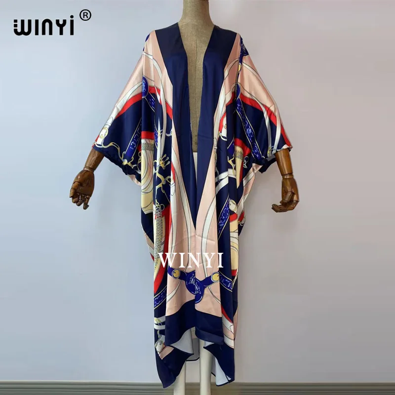Bikini  cover-up traf Cotton Sweet Lady Pink Boho Print Self Belted Front Open Long Kimono Dress Beach Tunic Women Wrap Dresses