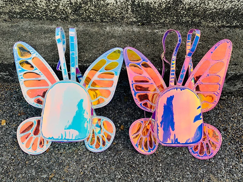 Fashion Women's Laser Holographic Leather Mini Backpack Butterfly Angel Wings Daypack for Girls Travel Casual Daypack School Bag