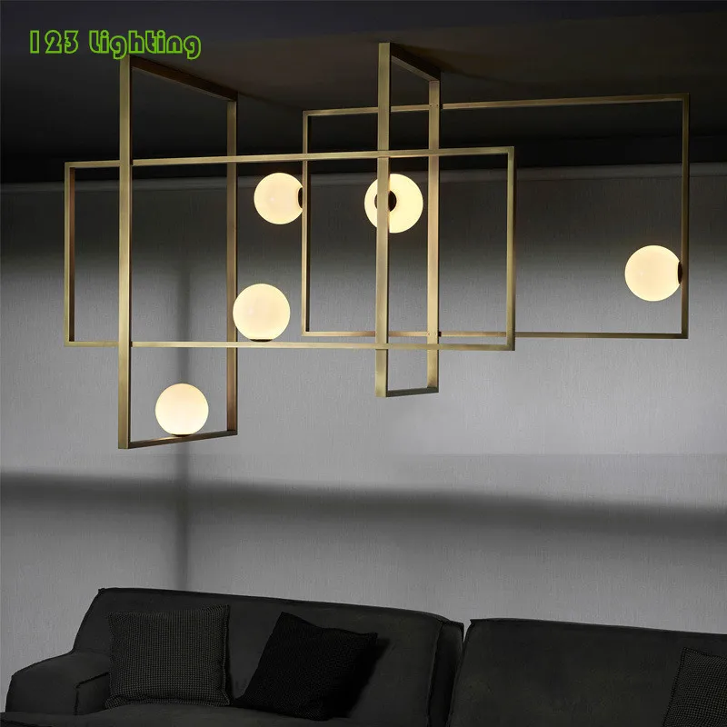 Copper Creative Rectangle 5 Glass Ball LED Pendant Lights Parlor Foyer Dining room Pendant Lamp Bedroom Hanglamp Gold/Black 110-260V - Цвет абажура: Copper