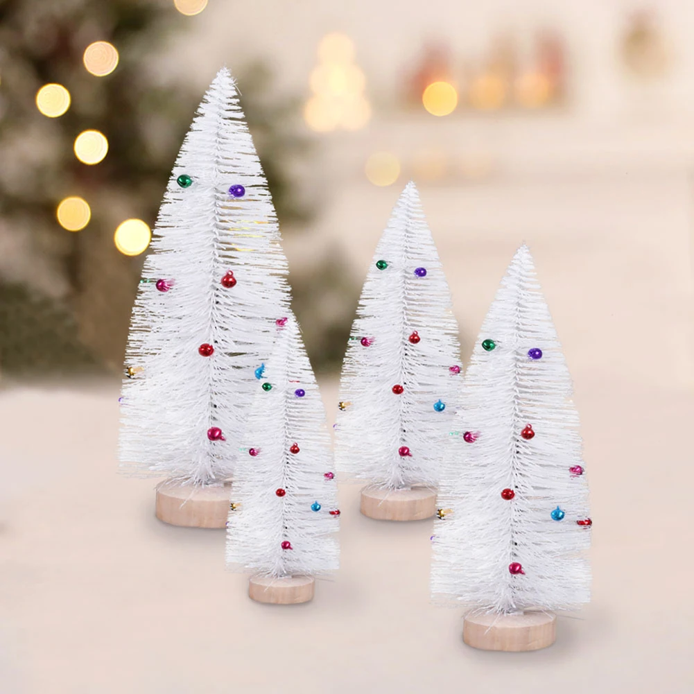 

4pcs Pine Needle Little Trees Mini White Christmas Tree desk table small party ornaments Colorful Bells Christmas Tabletop Decor