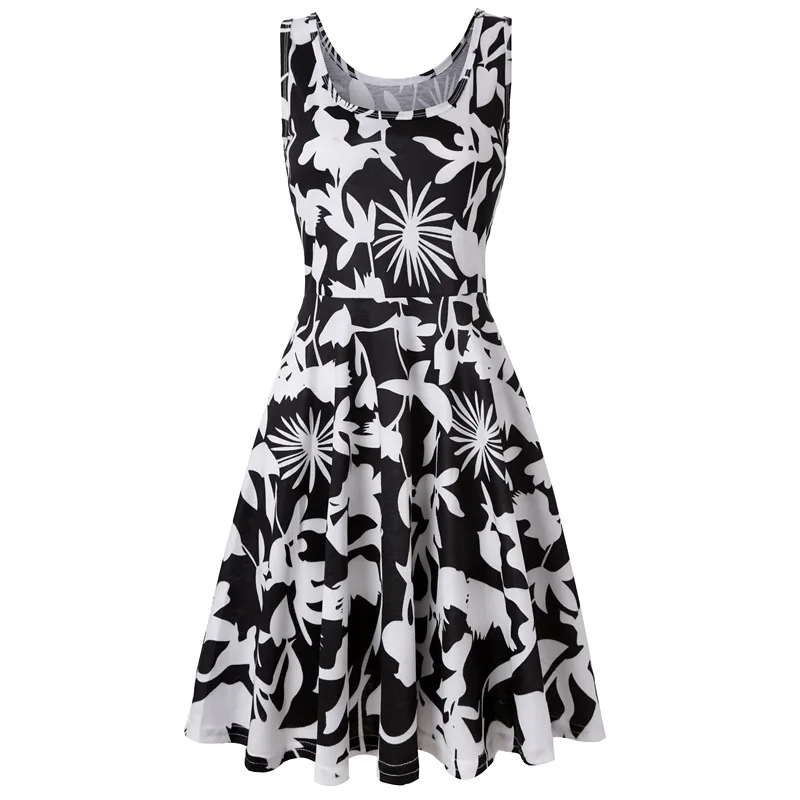 Plus Size Women Sleeveless O-Neck Print Dress Casual Sweet Vintage Floral A-Line Party Dress Summer Beach Dress Vestidos