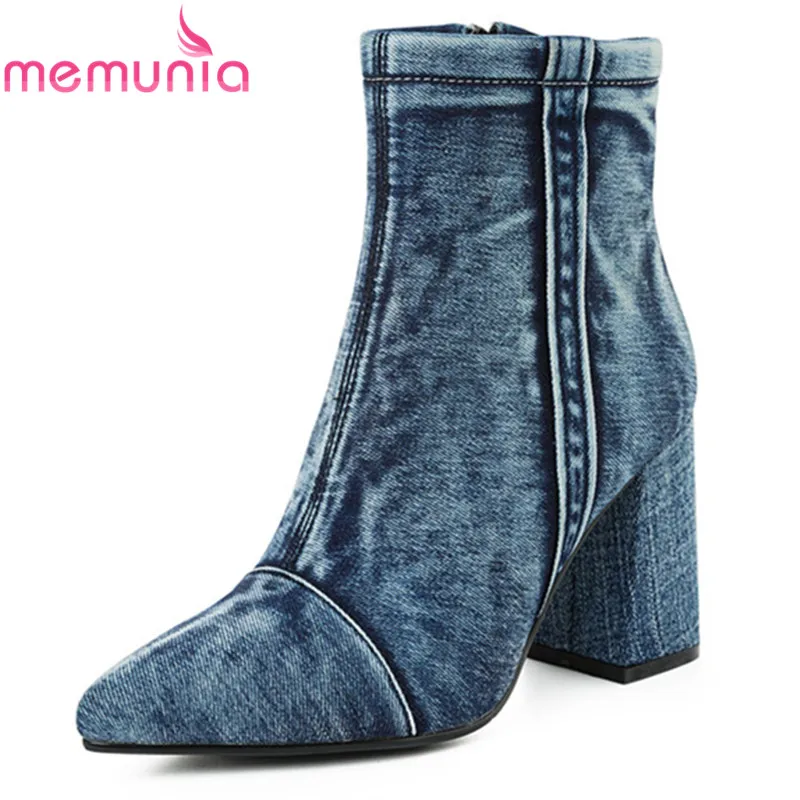 MEMUNIA 2020 new arrival ankle boots for women denim pointed toe zipper autumn high heels dress office shoes ladies | Обувь