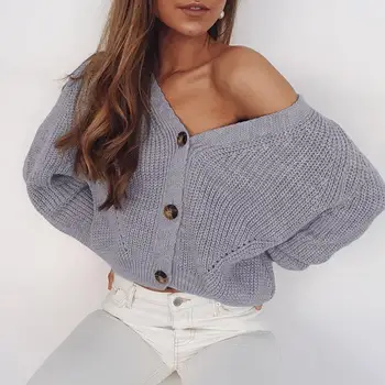 

Chic Women Open Front Buttons Cardigan Long Sleeve Solid Color Knitted Sweater Butterfly Sleeve Deep V Neck Buttons Sweater Jum