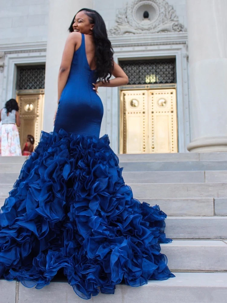 Blue Ruffles Organza Mermaid Prom Dress 