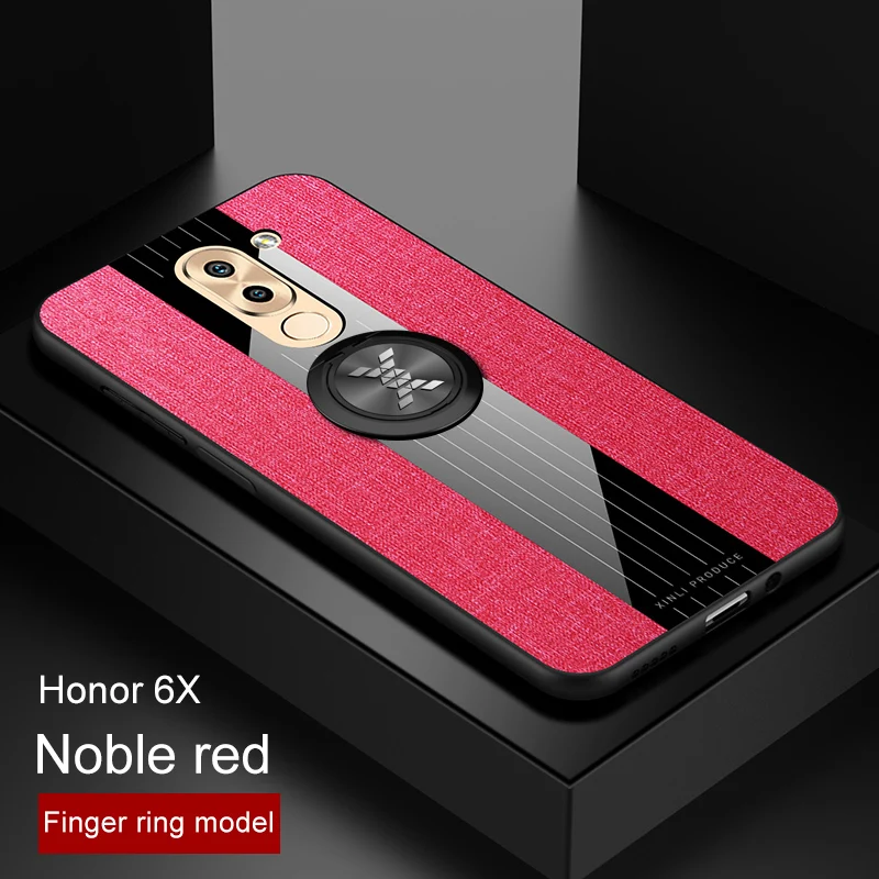 Чехол для huawei Honor 6X, тканевый жесткий чехол на заднюю панель, мягкая рамка, тканевый чехол для телефона, для huawei mate 9 Lite, 5,5 дюймов, магнитный держатель-кольцо - Цвет: Red With Ring