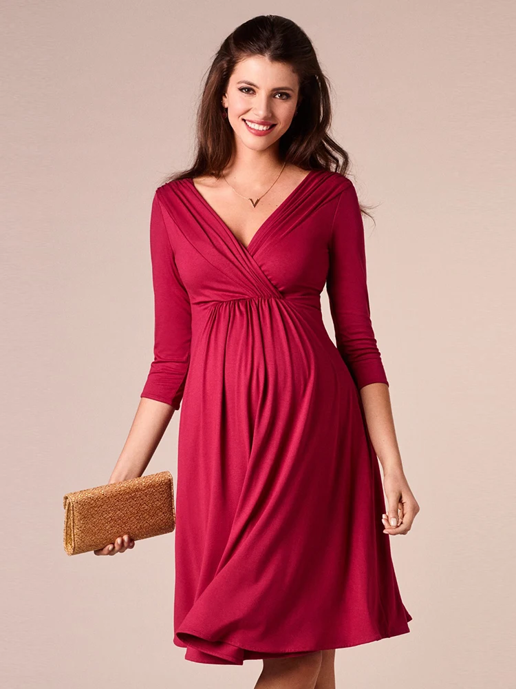 

Deep V-neck Pregnant Woman Evening Dress knitting A-Line Party Dress Tea-Length Simple Formal Dress Half-Sleeve Cotton Prom Dres