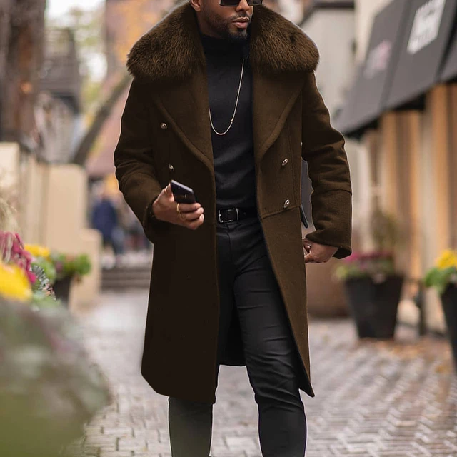 Abrigos largos geniales para hombre, chaqueta de lana cuello de piel abrigo negro, moda de otoño, abrigo informal mezcla de lana _ - AliExpress Mobile