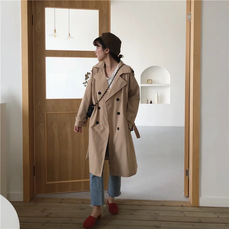 3087# осенняя одежда, корейский стиль, свободный крой, отложной воротник, двубортный Тренч, женское винтажное элегантное пальто средней длины Ov