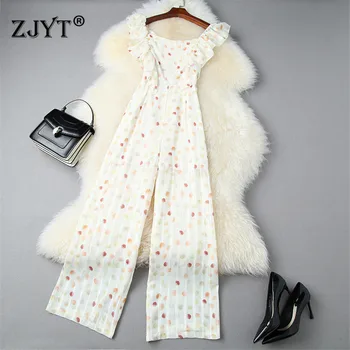 

Summer Designers Elegant Off The Shoulder Ruffle Dot Print Chiffon Long Overalls Rompers Womens Jumpsuits