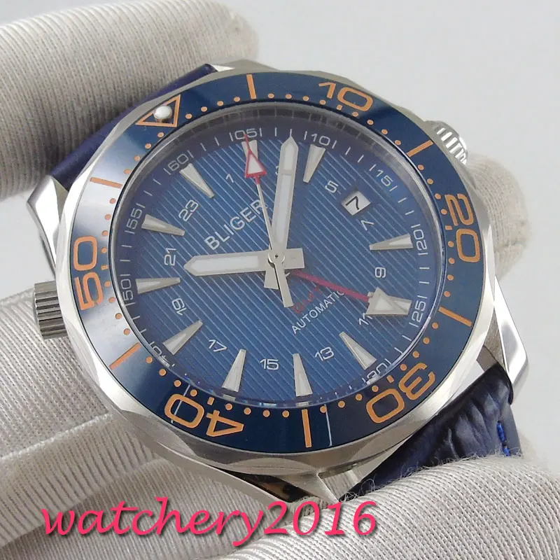 41mm bliger blue dial ceramic bezel GMT Sapphire glass Luxury date Automatic Movement mens watch
