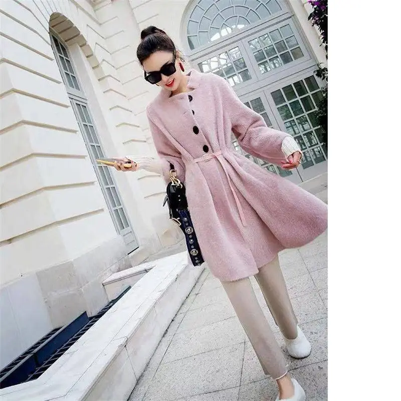 Новая осенне-зимняя женская меховая кашемировая кофта из искусственной норки, верхняя одежда, модные корейские кардиганы, плотные длинные тонкие шерстяные Пальто B15
