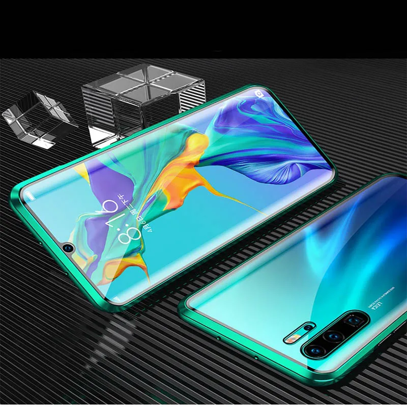 Green Переднее и заднее закаленное стекло металлический магнитный чехол для huawei mate 20Pro P 30Pro изогнутое стекло 360 ° защитный чехол - Цвет: Green