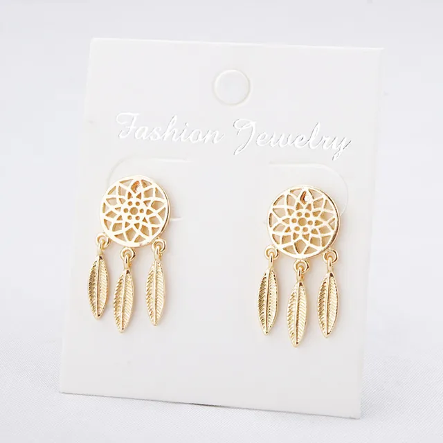 Fancy Hollow Dream Catcher Leaf Feather Shiny Crystals Drop Dangle Earrings For Women Party Jewelry Korean Hanging CZ Earrings Gold