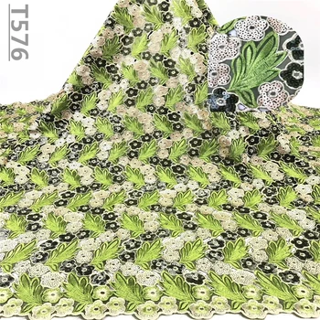 

2019 Newest Styles Green Embroidery African Guipure Lace Fabric High Quality French Cord Lace Fabric with Sequins For Wedding