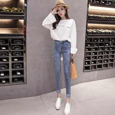 Light blue Осенние Новые облегающие джинсы женские корейские джинсы женские с высокой талией тонкие Модные поддельные манжеты уличная - Цвет: Light blue