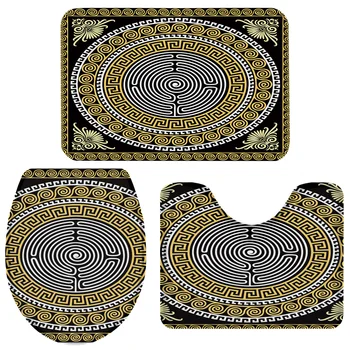 

Circle Pattern Black Golden Yellow Greece Bath Set Toilet Cover Mat Pedestal Rug Non-Slip Bathroom Rug Set