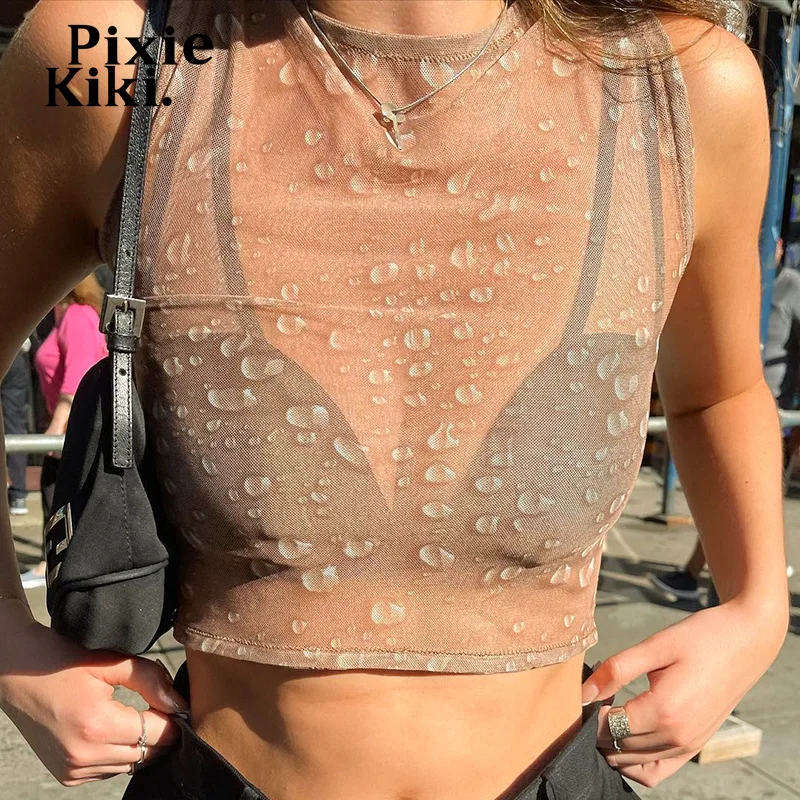 PixieKiki сетчатый короткий топ с принтом капли воды уличная одежда Y2k Сексуальная