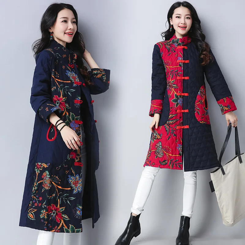 

Photo Shoot 8036 #2018 Autumn And Winter New Style Ethnic-Style Large Size Retro Printed Joint Long Cotton-padded Clothes Chines