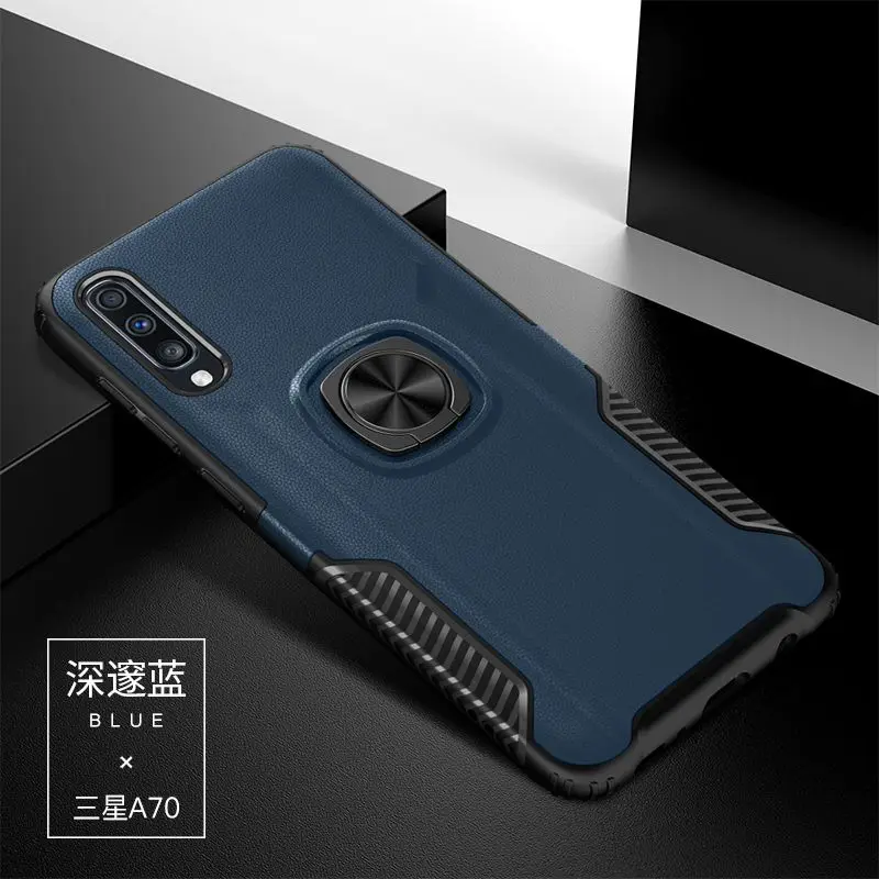 Для samsung A80 чехол с кожаным узором для samsung Galaxy A60 A70 A50 металлический Невидимый кольцевой кронштейн TPU+ PC чехол - Цвет: blue