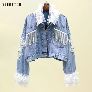 

Autumn Floral Mesh Lace Beading Sequins Diamonds Denim Jackets Female Coat Casual Loose Short Jeans Jacket Women Outwear Tops
