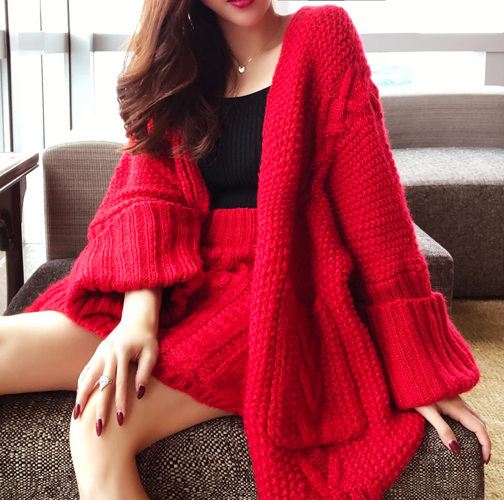 Neploe/осень-зима, комплекты с свитером, толстый кардиган средней длины+ мини-юбка с эластичной резинкой на талии, красный вязаный костюм большого размера