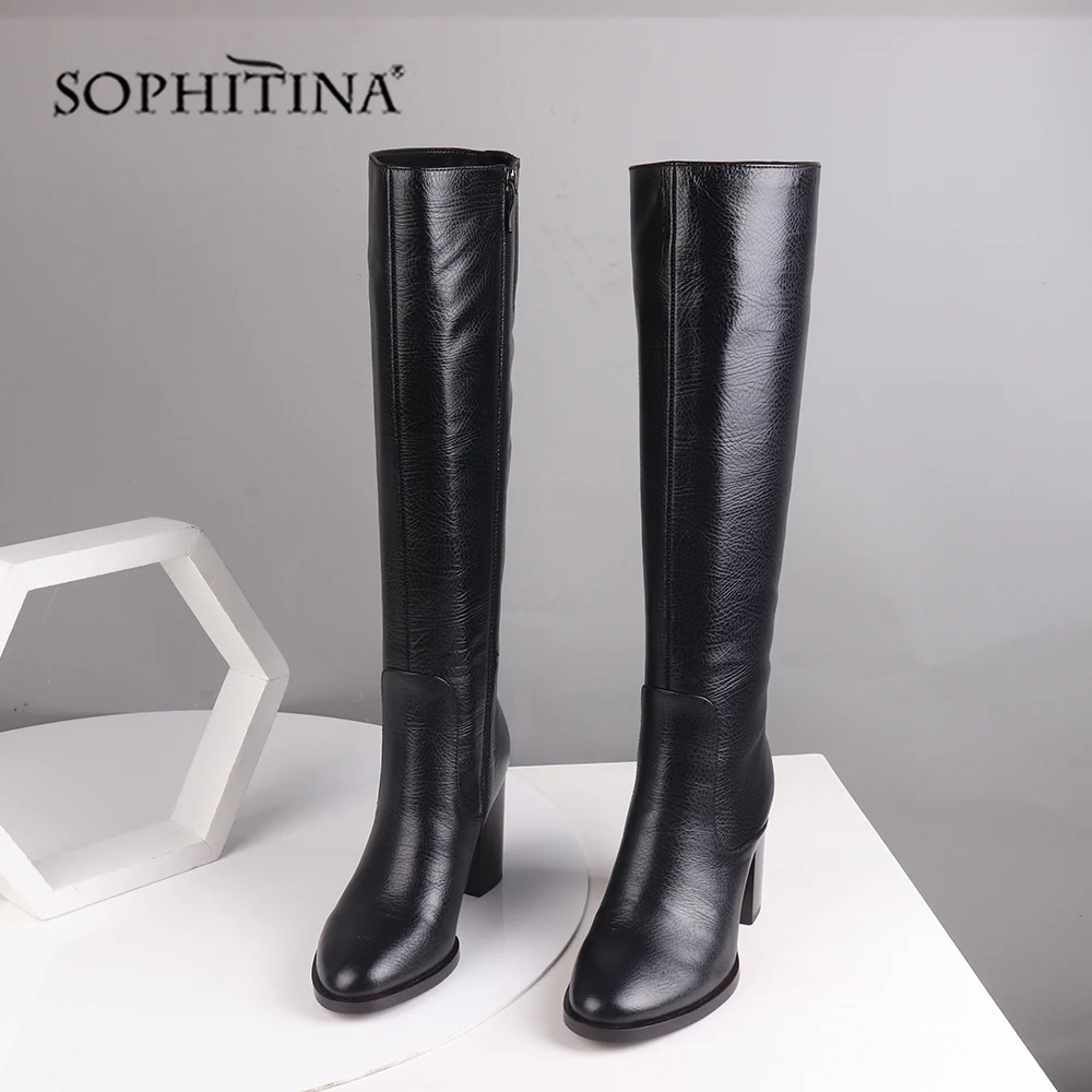 Женские сапоги из натуральной кожи SOPHITINA теплые удобные до колена на устойчивом