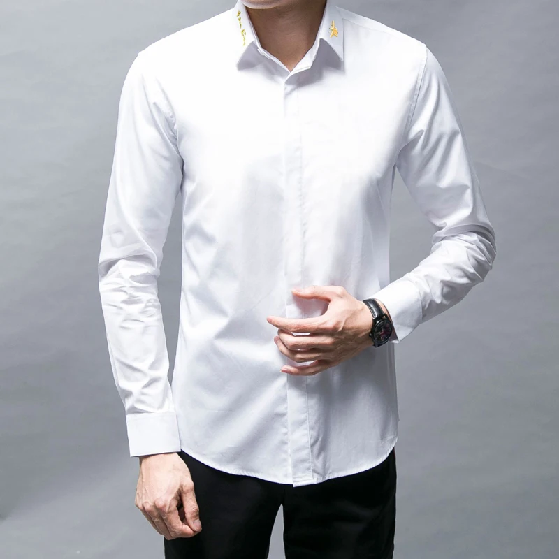 Европейский модный бренд, мужская рубашка, однотонная, тонкая, Chemise homme manche longue Gold Bee, рубашки с вышивкой для мужчин, высокое качество