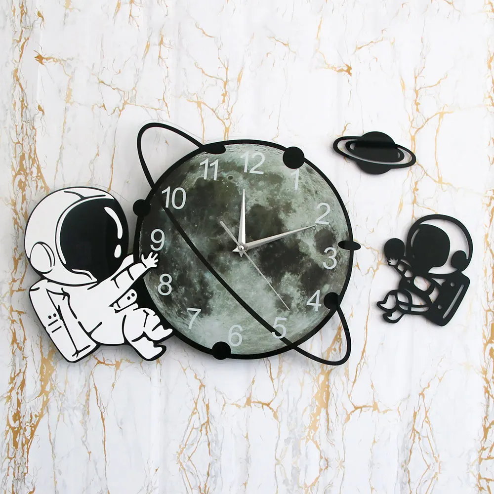 Astronaut On The Moon Cartoon Spaceman Wall Clock Silent Non Ticking Outer Space Wall Art Cosmonaut Kids Room Decorative Clock Just6F