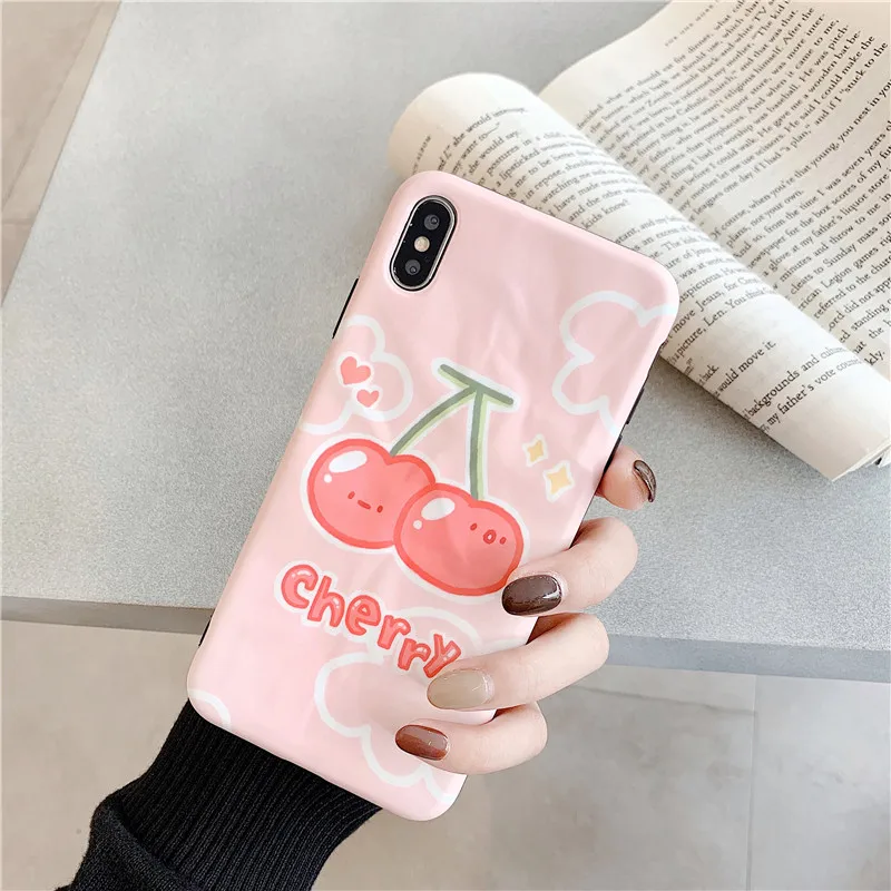 

Cute Pink Cherry Phone Case For iphone 6 6s 7 8 plus Back Cover For iphone XR X XS Max Case Fashion Wrinkle Cartoon Soft Cases