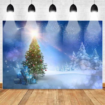 

Neoback Winter Christmas Backdrop Christmas Tree Gift Winter Night Scene Blue Sky Background Snow Children Party Banner Decor