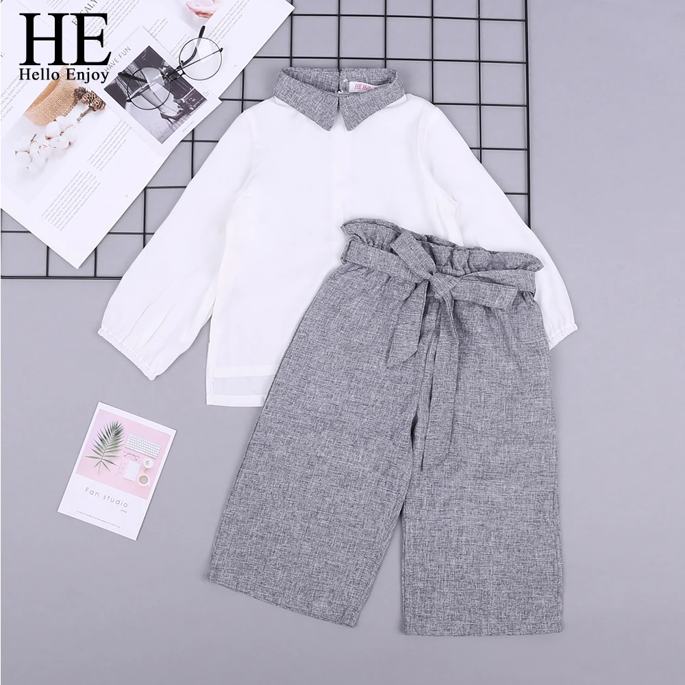

HE Hello Enjoy Baby Girls Clothes Sets 2020 Spring New Chlidren Clothing Long Sleeve Chiffon Shirt +Bow-Tied Pants Kids Outfits