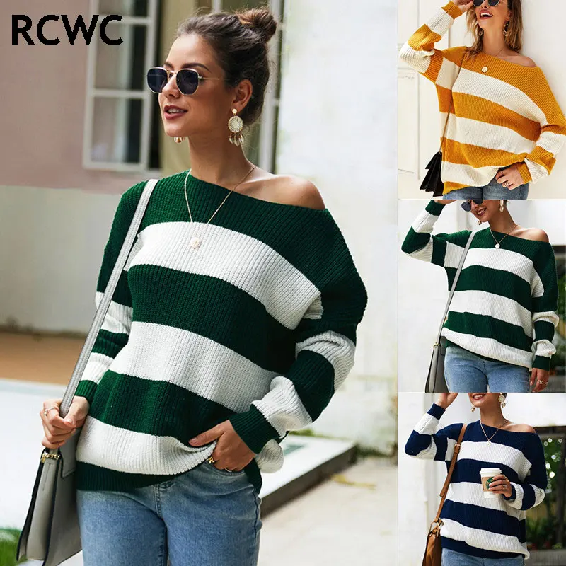 

Women Sweater Autumn winter 2020 sweater women women's sexy striped sweater top long sleeve printing and dyeing round neck loose