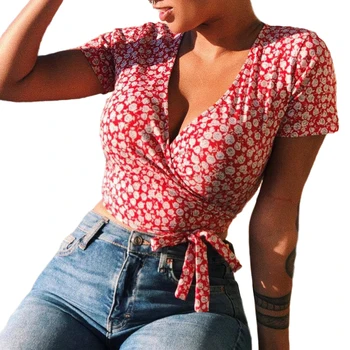 

Female T-Shirt Floral Print Tee Shirt Deep V-Neck Short Sleeve Sweatshirt Lace Up Womens Crop Top