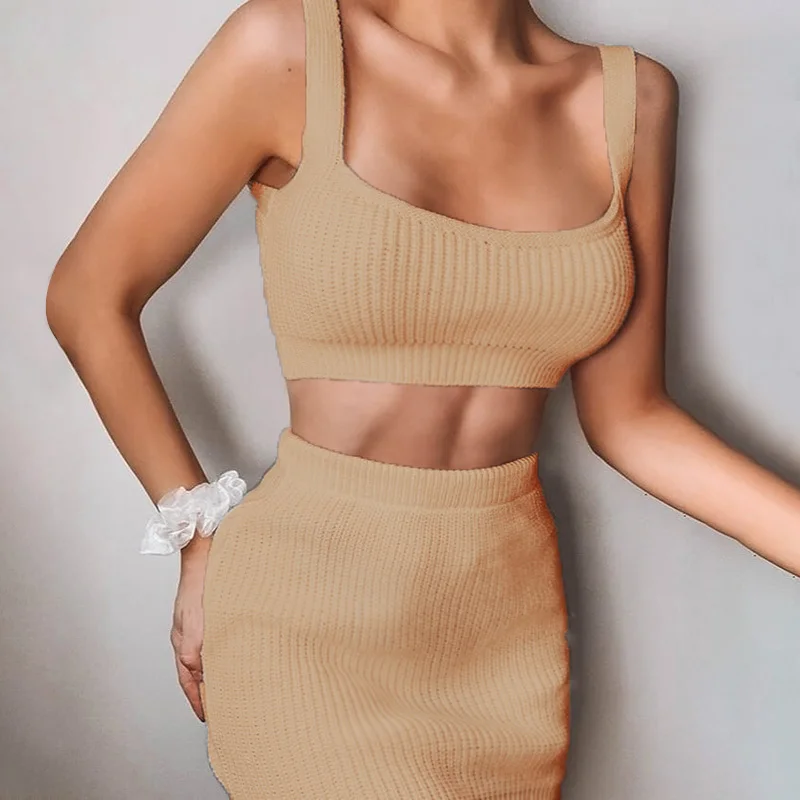 Beyouare women rib knit solid two-piece set summer square collar sleeveless crop top and pencil skirts casual elegant women sets