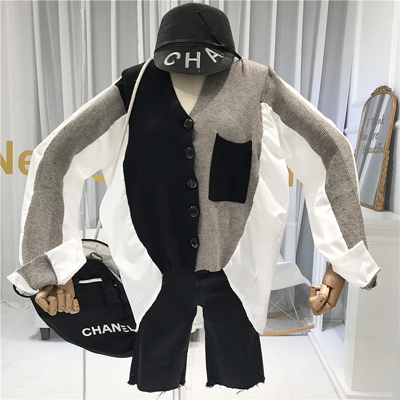 

Knit Patchwork Blusas Femininas Oversize Designer High Street Patchwork V-Neck Pockets Women Long Sleeve Shirts Fashion 2019