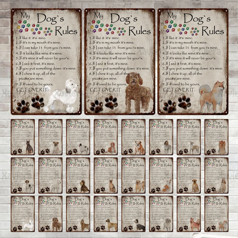 

My Dog's Rules Metal Tin Sign Pet Dog Vintage Metal Plaque Retro Art Poster Home Decor Bar Pub Pet Shop Iron Painting 20*30 Cm
