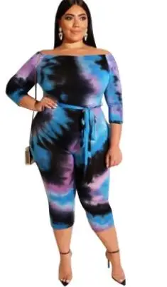 Облегающие комбинезоны до колена размера плюс с принтом Tie Dye, уличная одежда, женские комбинезоны с длинным рукавом и поясом SS19418G - Цвет: Синий