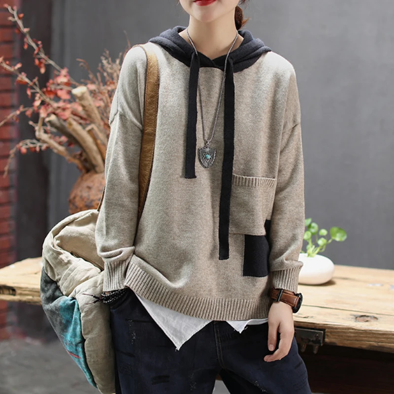 Johnature New Loose Comfortable All-match Pullovers Hooded Knitted Sweater 2019 Autumn Fashion Long Sleeve Women Retro | Женская одежда