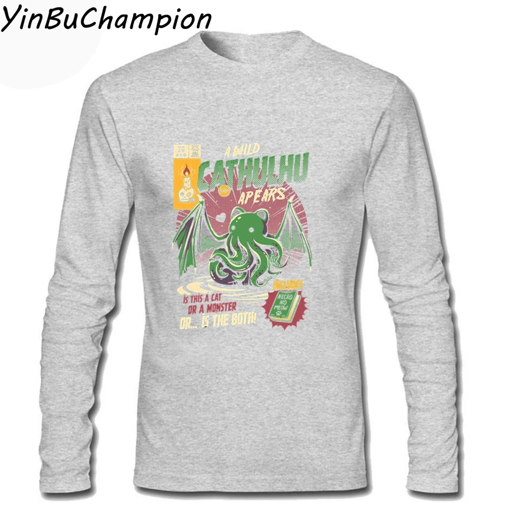 Wild a Cathulhu футболка забавный кот Ктулху Футболка мужская футболка с принтом Мужская футболка с длинным рукавом на заказ футболка для мальчика s - Цвет: Серый