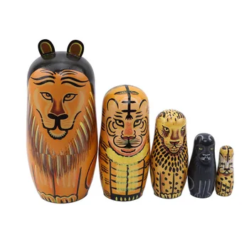 

5Pc Cute Wooden Animal Lion Dolls Home Decor Babushka Russian Doll Matryoshka Doll Best Christmas Birthday Gift