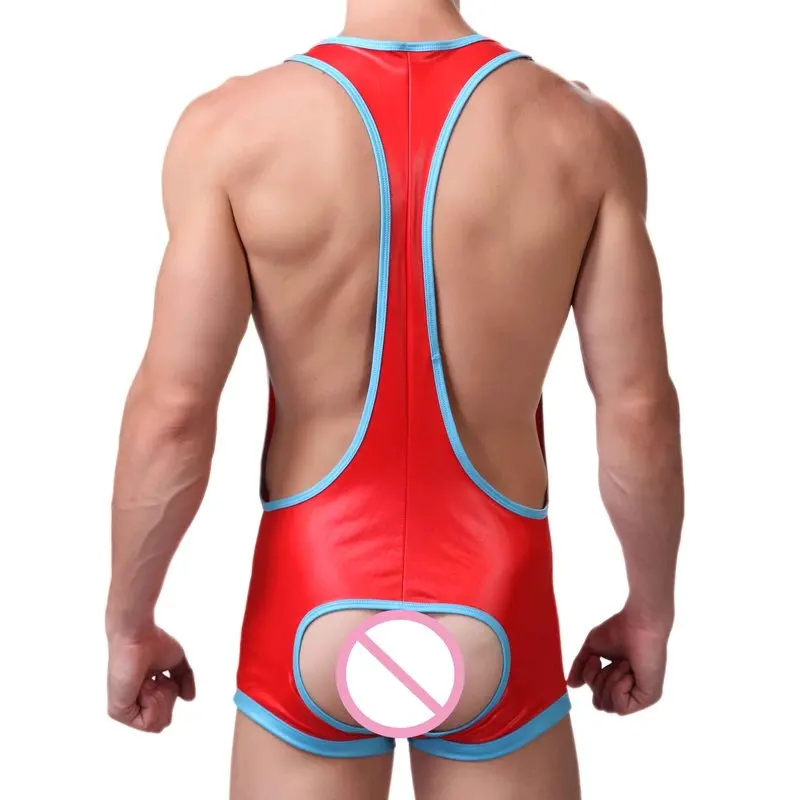 Men Wrestling Singlet Underwear PU Leather Undershirt Leotard Bodysuit Jockstrap Latex Lingerie Open Butt Bugle Pouch Jumpsuit