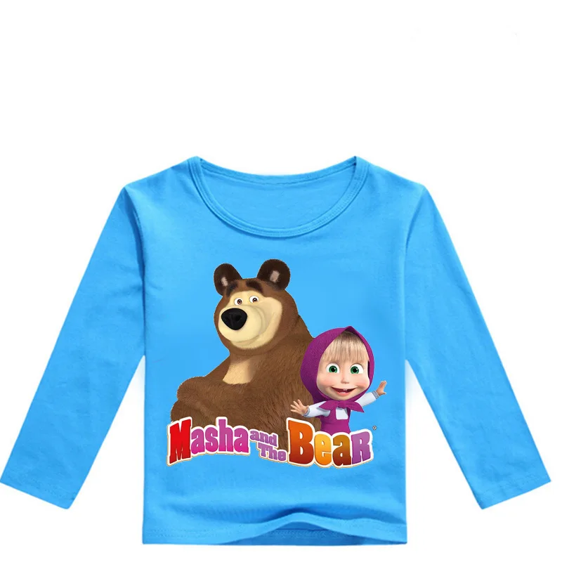 Модная детская футболка с длинными рукавами толстовки с 3D-принтом «Маша и Медведь» От 2 до 13 лет костюм с медведем для девочек футболки для маленьких девочек - Цвет: blue 0351