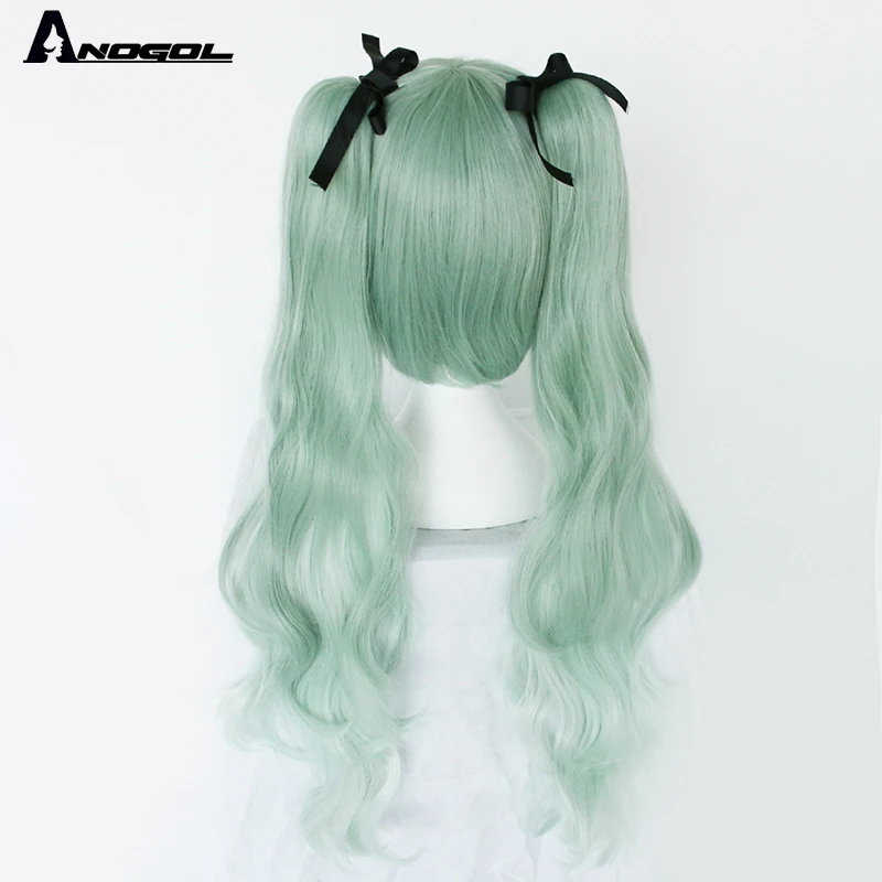 Anogol Brand New Vocaloid Hatsune Miku Double Green Ponytails Synthetic Cosplay Wig For Halloween Party Role Play +Black Ribbon