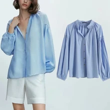 

Maxdutti England High Shirt Women Street Vintage Pleated Loose V-neck Casual Blusas Mujer De Moda 2021 Fashion Blouse Women Tops