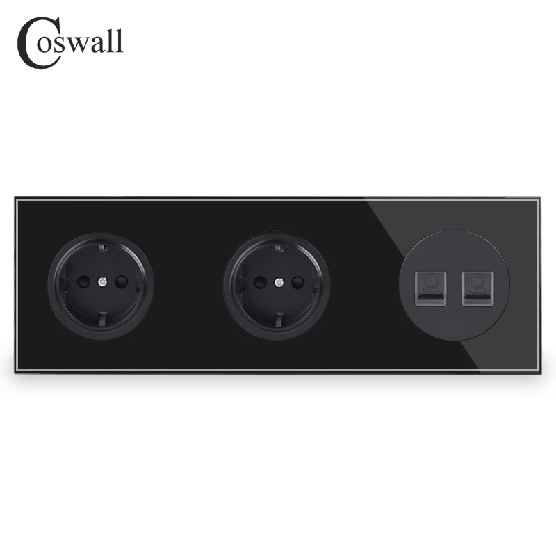 Coswall панель из закаленного стекла 16A двойная настенная розетка стандарта ЕС+ 2 банды CAT5E RJ45 Интернет данных компьютерный разъем R11 серии