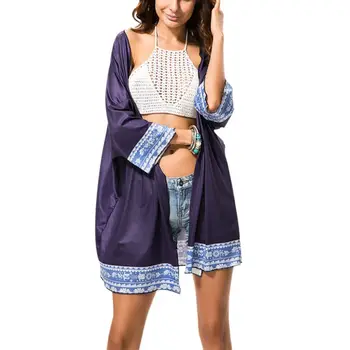 

2019 Women Casual Solid Color Jacket Female Fashion Bohemian Printing Open Cardigans Ladies Beach Holiday Sunscreen Clothes