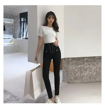 

2019 Elegant Lace-Up Bow Pencil Pants Stretch Jeans Women High Waisted Bandage Denim Pants Casual Ankle-Length Trousers