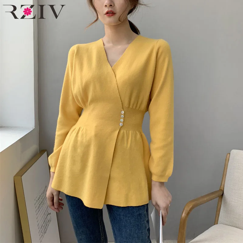 

RZIV Autumn and winter women's sweater casual solid color V-neck long-sleeved cardigan sweater